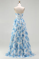 Load image into Gallery viewer, Sparkly White and Blue Ruffled Floral Strapless Long Corset Prom Dress
