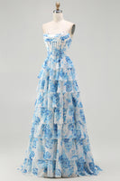 Load image into Gallery viewer, Sparkly White and Blue Ruffled Floral Strapless Long Corset Prom Dress