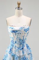 Load image into Gallery viewer, Sparkly White and Blue Ruffled Floral Strapless Long Corset Prom Dress