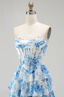 Load image into Gallery viewer, Sparkly White and Blue Ruffled Floral Strapless Long Corset Prom Dress