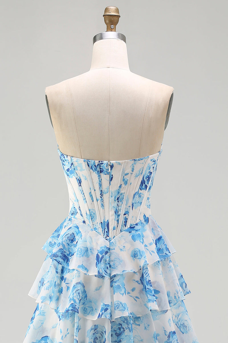 Load image into Gallery viewer, Sparkly White and Blue Ruffled Floral Strapless Long Corset Prom Dress