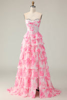 Load image into Gallery viewer, Sparkly White and Pink Ruffled Floral Corset Strapless Long Prom Dress