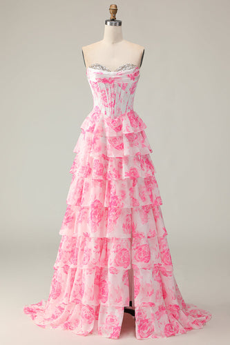 Sparkly White and Pink Ruffled Floral Corset Strapless Long Prom Dress
