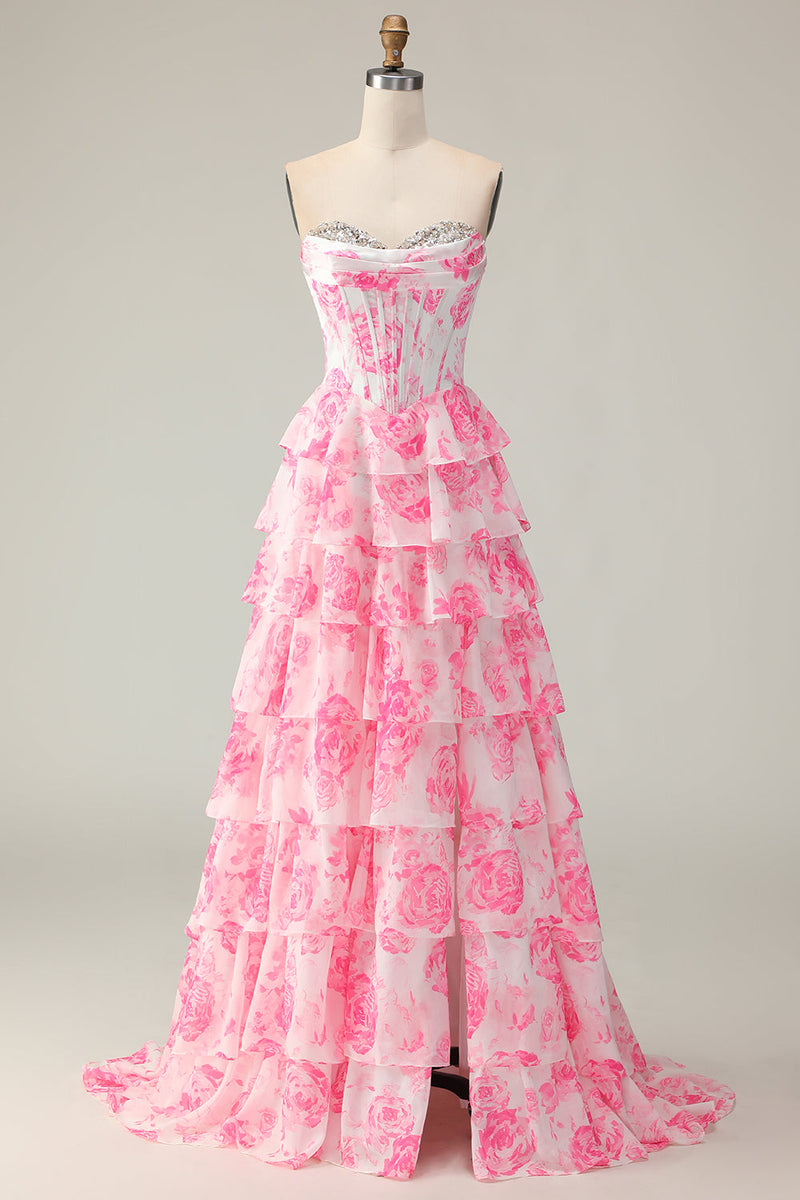Load image into Gallery viewer, Sparkly White and Pink Ruffled Floral Corset Strapless Long Prom Dress
