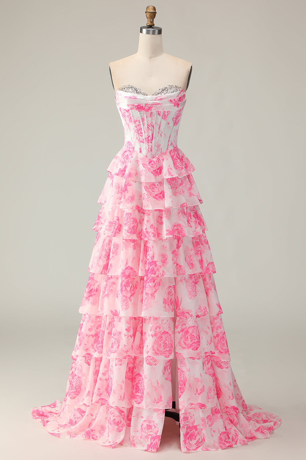 Sparkly White and Pink Ruffled Floral Corset Strapless Long Prom Dress