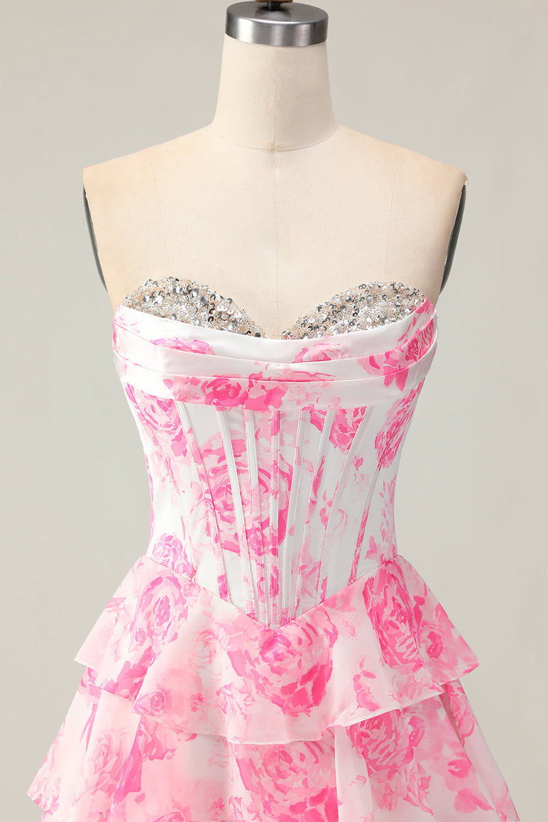 Load image into Gallery viewer, Sparkly White and Pink Ruffled Floral Corset Strapless Long Prom Dress