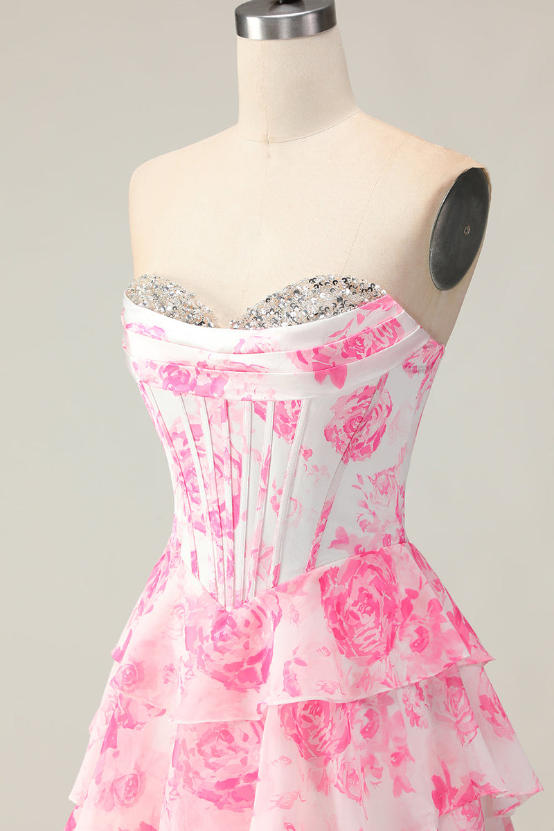 Load image into Gallery viewer, Sparkly White and Pink Ruffled Floral Corset Strapless Long Prom Dress