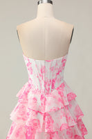 Load image into Gallery viewer, Sparkly White and Pink Ruffled Floral Corset Strapless Long Prom Dress