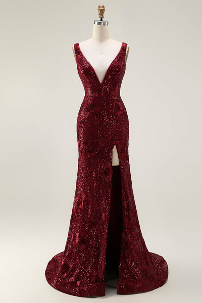 Sparkly Burgundy Mermaid Sequin Long Prom Dress with Slit
