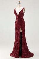Load image into Gallery viewer, Sparkly Burgundy Mermaid Sequin Long Prom Dress with Slit