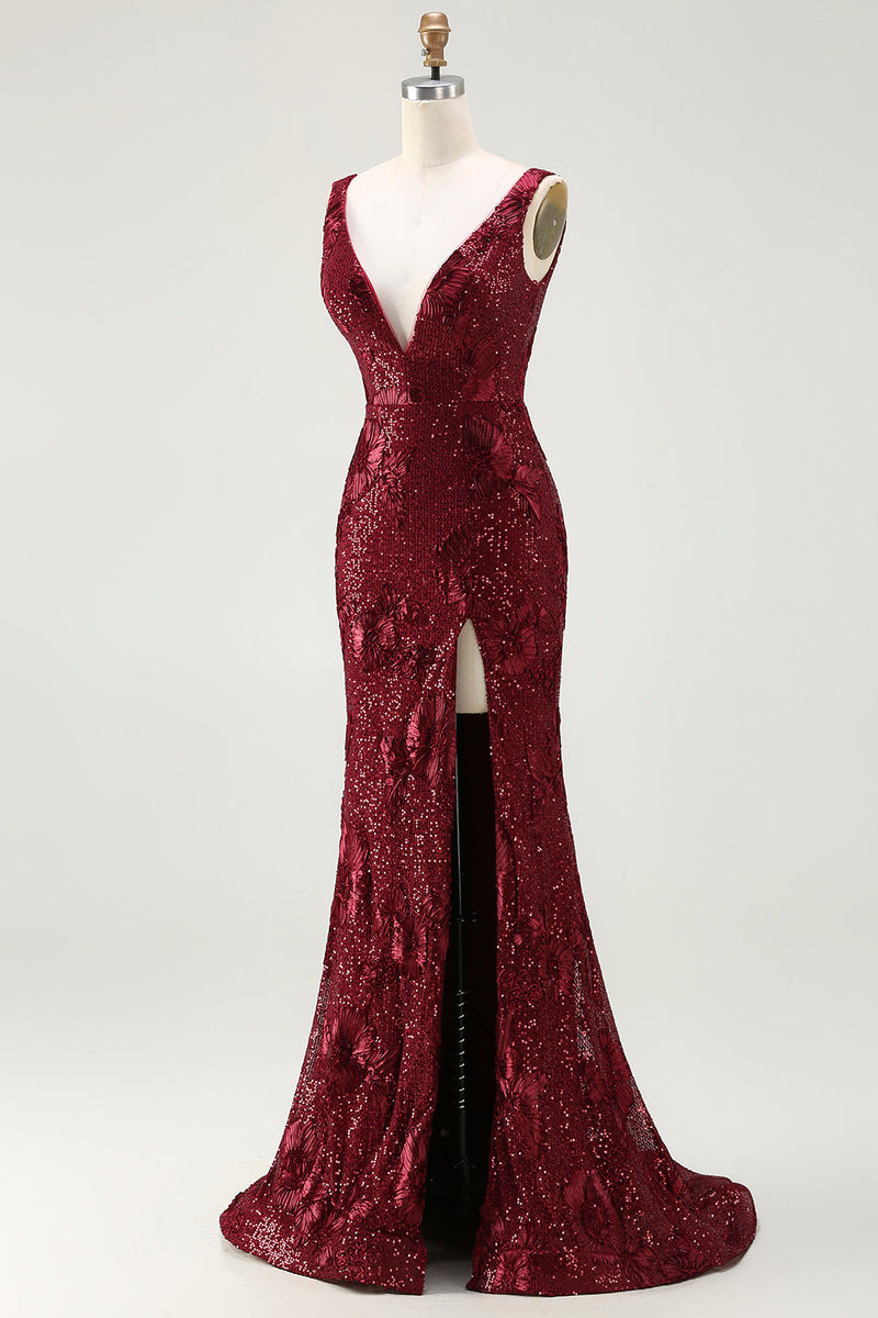 Load image into Gallery viewer, Sparkly Burgundy Mermaid Sequin Long Prom Dress with Slit