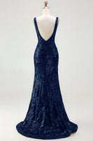 Load image into Gallery viewer, Sparkly Navy Sequin Mermaid Long Prom Dress