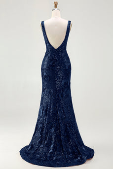 Sparkly Navy Sequin Mermaid Long Prom Dress