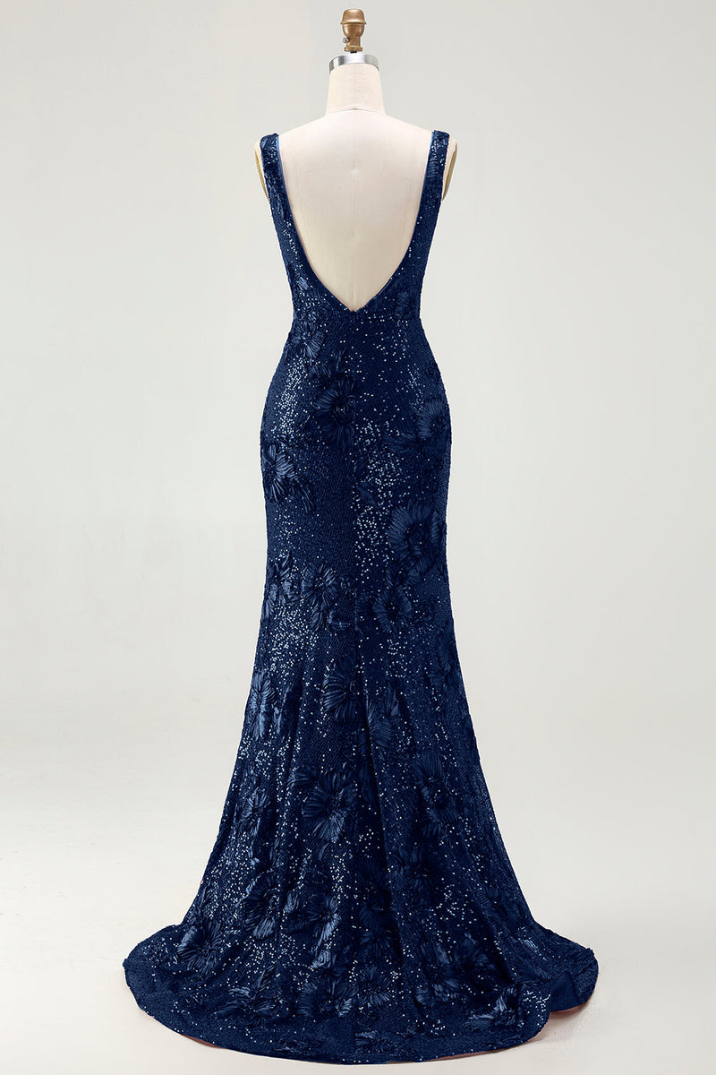 Load image into Gallery viewer, Sparkly Navy Sequin Mermaid Long Prom Dress