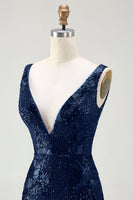 Load image into Gallery viewer, Sparkly Navy Sequin Mermaid Long Prom Dress