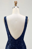 Load image into Gallery viewer, Sparkly Navy Sequin Mermaid Long Prom Dress
