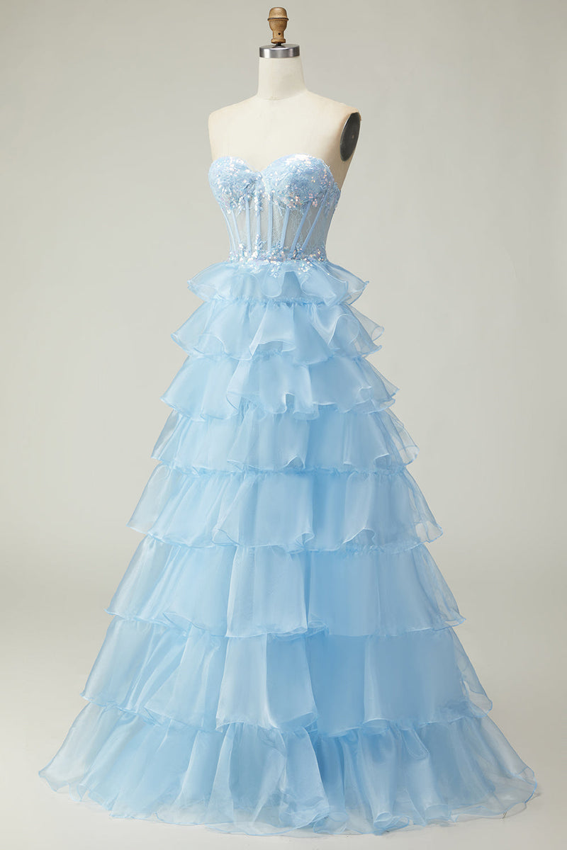 Load image into Gallery viewer, Sparkly Blue Corset Strapless Ruffled Long Prom Dress