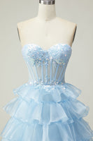Load image into Gallery viewer, Sparkly Blue Corset Strapless Ruffled Long Prom Dress