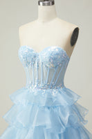 Load image into Gallery viewer, Sparkly Blue Corset Strapless Ruffled Long Prom Dress