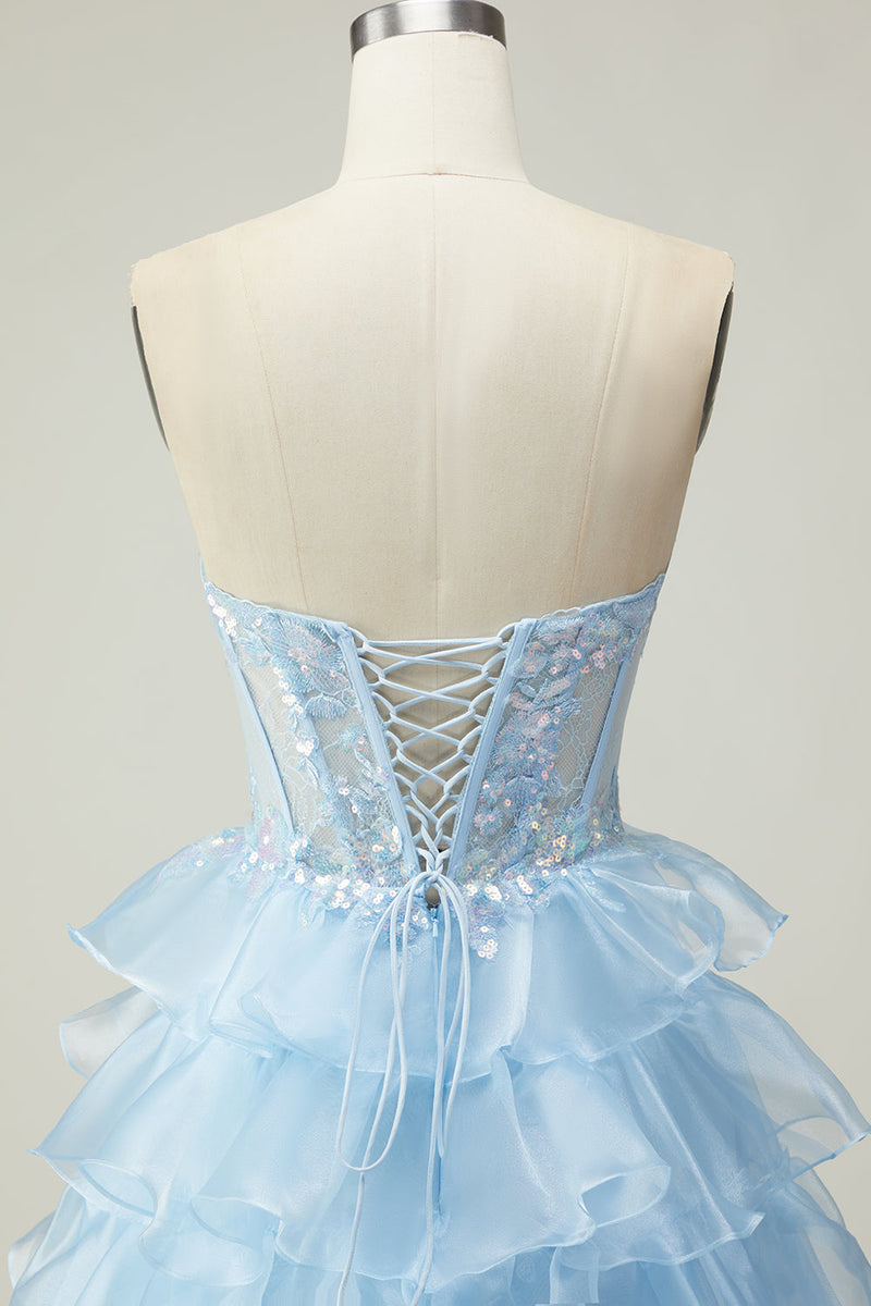 Load image into Gallery viewer, Sparkly Blue Corset Strapless Ruffled Long Prom Dress