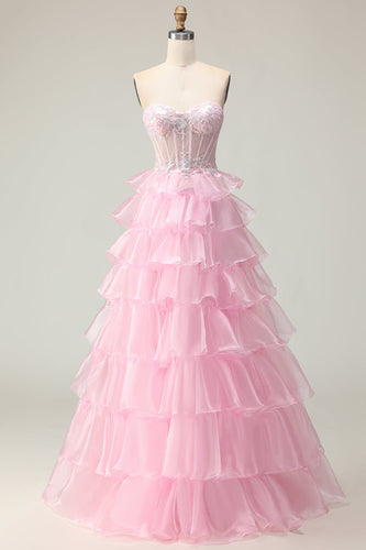 Sparkly Pink Ruffled Strapless Corset Long Prom Dress