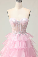 Load image into Gallery viewer, Sparkly Pink Ruffled Strapless Corset Long Prom Dress