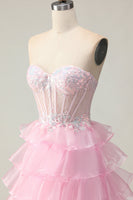 Load image into Gallery viewer, Sparkly Pink Ruffled Strapless Corset Long Prom Dress