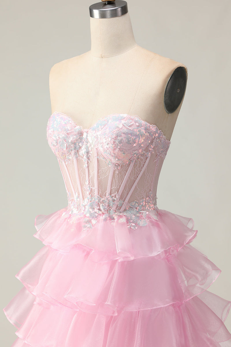 Load image into Gallery viewer, Sparkly Pink Ruffled Strapless Corset Long Prom Dress
