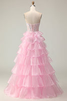Load image into Gallery viewer, Sparkly Pink Ruffled Strapless Corset Long Prom Dress