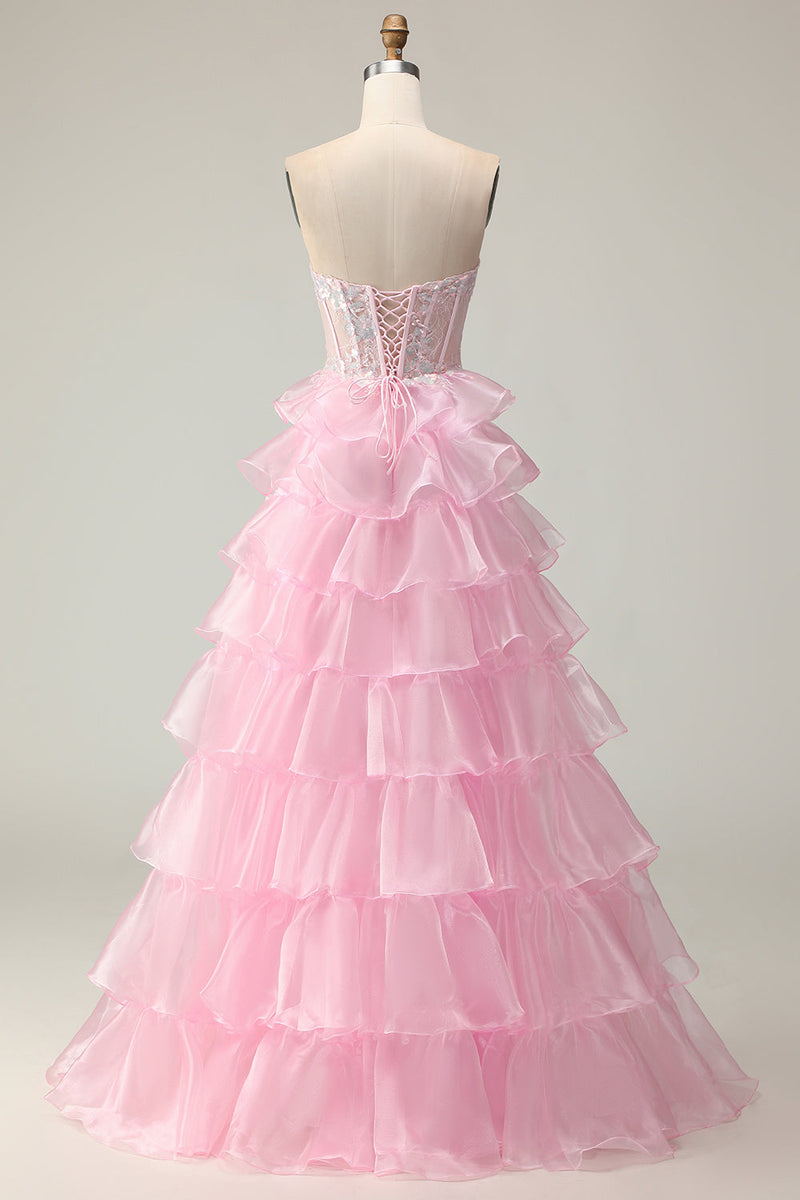 Load image into Gallery viewer, Sparkly Pink Ruffled Strapless Corset Long Prom Dress