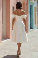 Load image into Gallery viewer, White Off the Shoulder A Line Satin Midi Engagement Dress