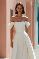 Load image into Gallery viewer, White Off the Shoulder A Line Satin Midi Engagement Dress