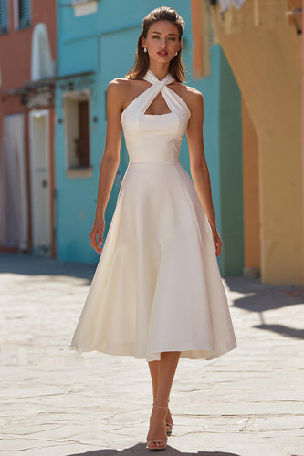 White A Line Halter Satin Midi Engagement Dress