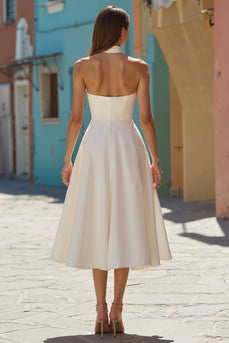 White A Line Halter Satin Midi Engagement Dress