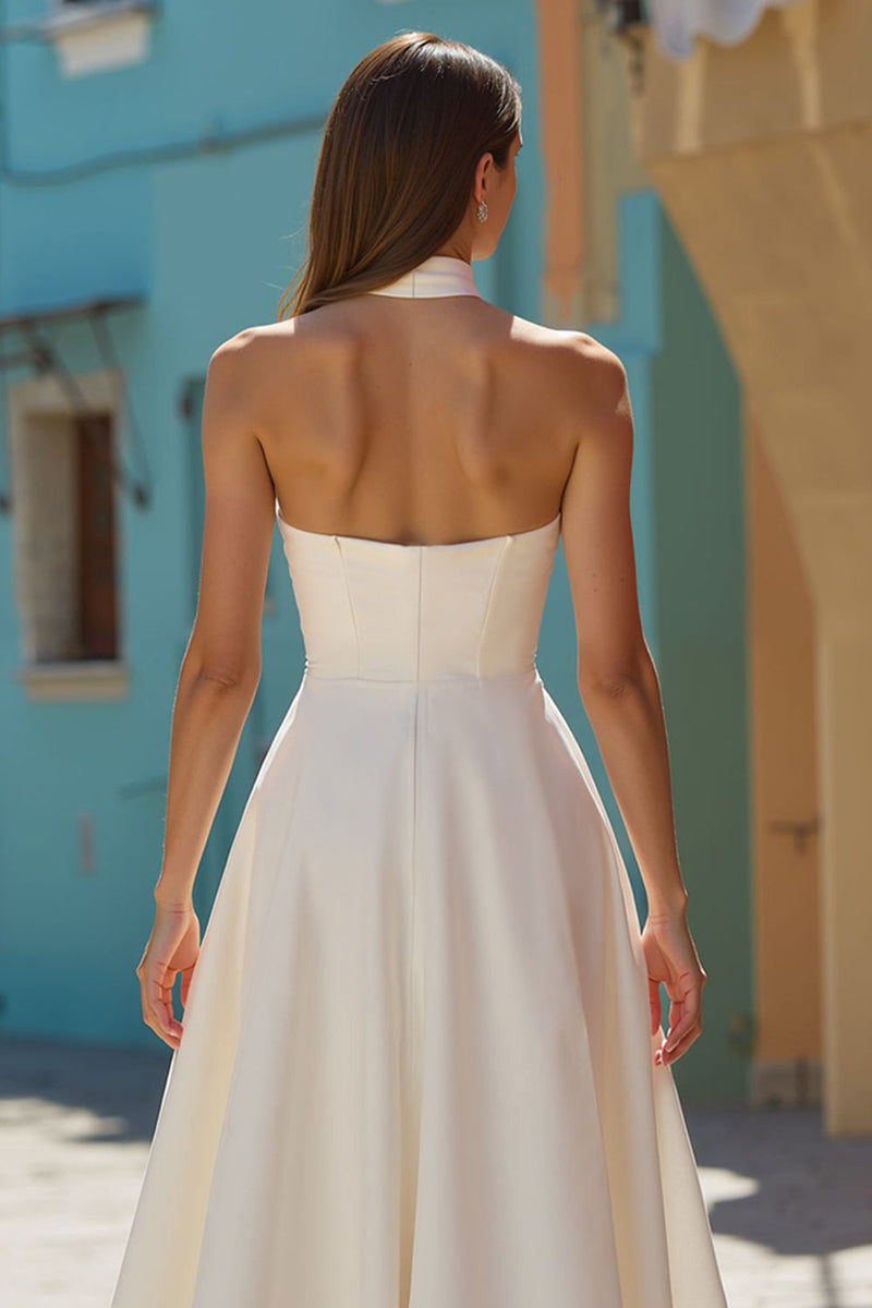 Load image into Gallery viewer, White A Line Halter Satin Midi Engagement Dress