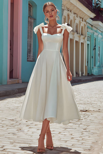 White Corset Thick Straps Midi Engagement Dress with Bows