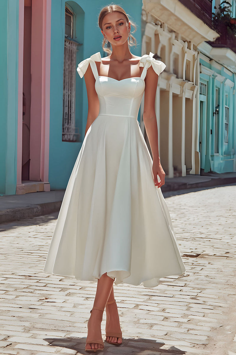 Load image into Gallery viewer, White Corset Thick Straps Midi Engagement Dress with Bows