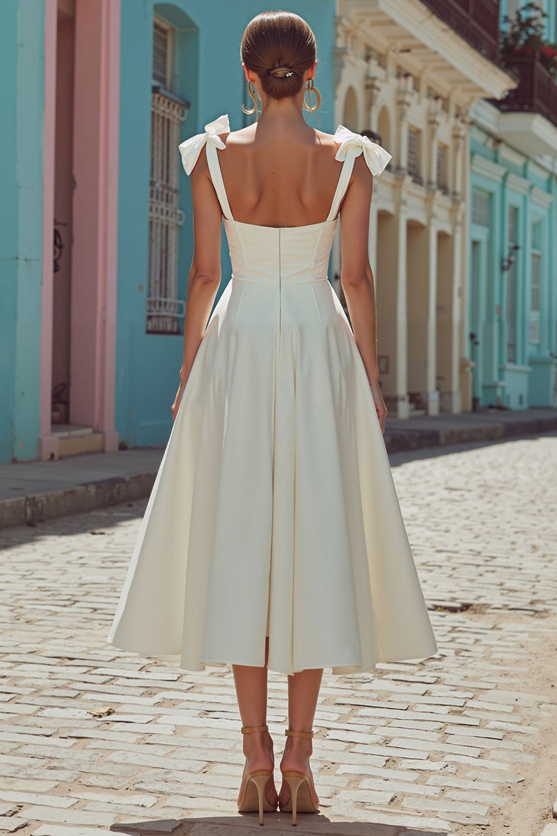 Load image into Gallery viewer, White Corset Thick Straps Midi Engagement Dress with Bows