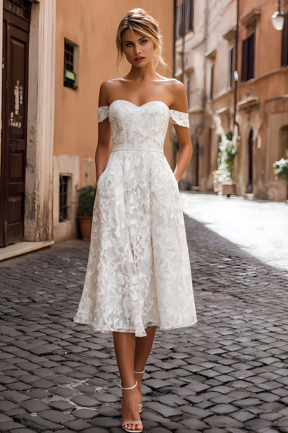 Off the Shoulder White Lace Midi Engagement Dress