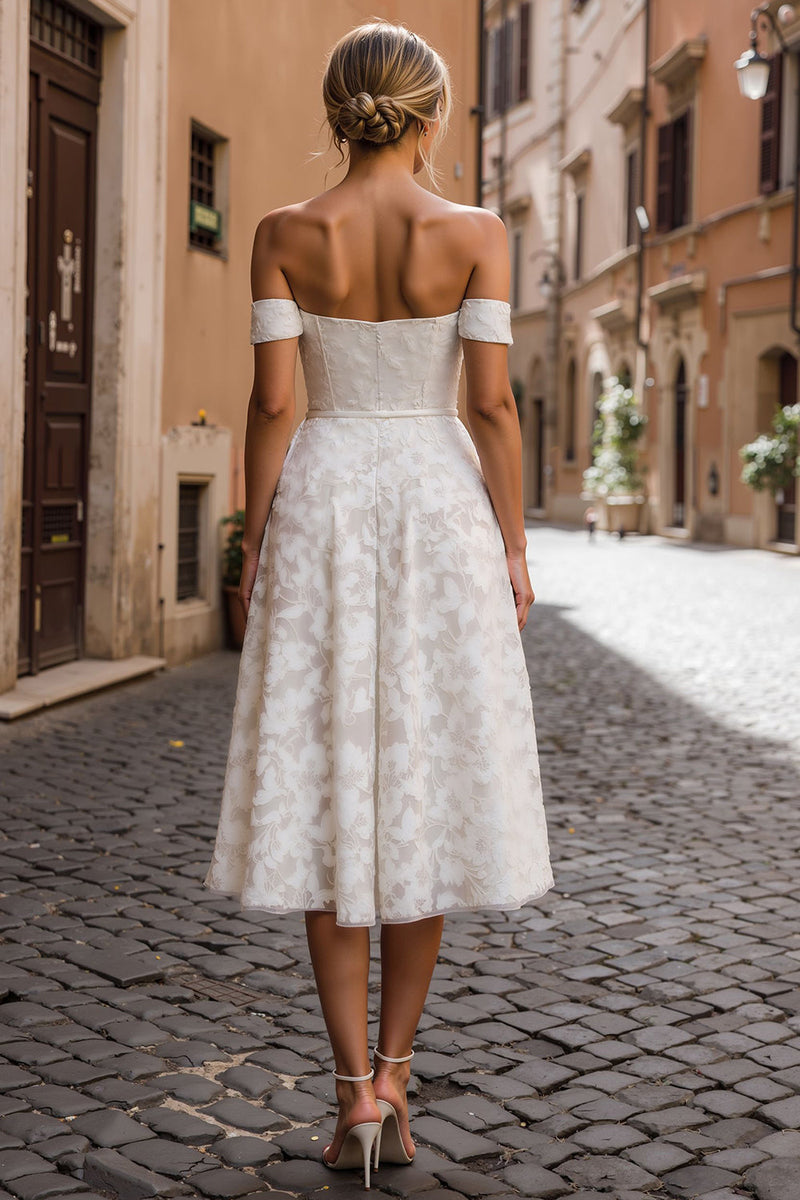Load image into Gallery viewer, Off the Shoulder White Lace Midi Engagement Dress