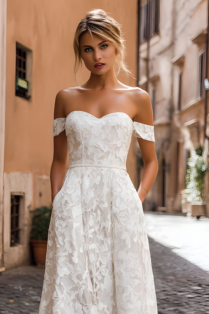 Load image into Gallery viewer, Off the Shoulder White Lace Midi Engagement Dress