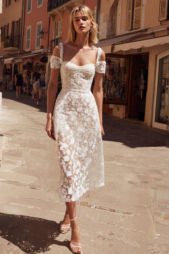 White Lace A Line Cold Shoulder Midi Engagement Dress