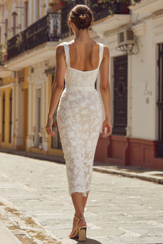 Ivory Bodycon Lace Thick Straps Midi Engagement Dress