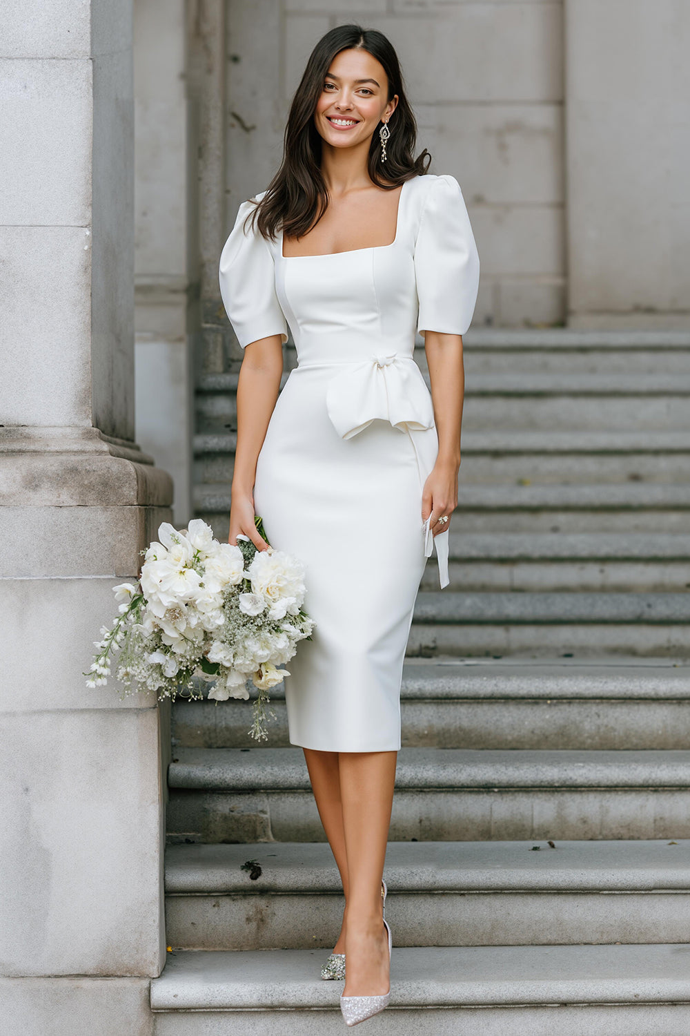 White Bodycon Square Neck Satin Midi Engagement Dress
