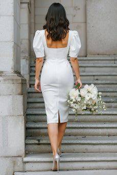 White Bodycon Square Neck Satin Midi Engagement Dress