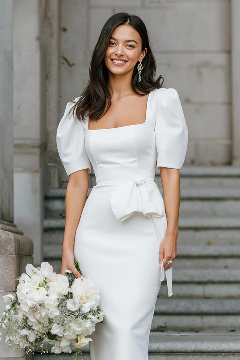 Load image into Gallery viewer, White Bodycon Square Neck Satin Midi Engagement Dress
