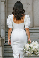 Load image into Gallery viewer, White Bodycon Square Neck Satin Midi Engagement Dress