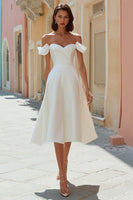 Load image into Gallery viewer, Satin White Off the Shoulder Midi Engagement Dress