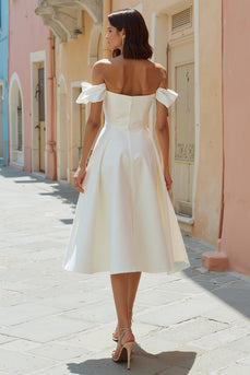 Satin White Off the Shoulder Midi Engagement Dress