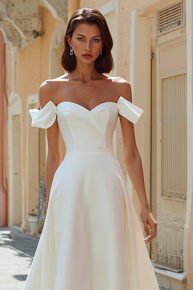Load image into Gallery viewer, Satin White Off the Shoulder Midi Engagement Dress